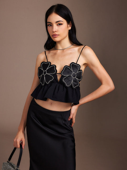 Çiçek Desenli Sırt Açık Ruffle Cami Üst