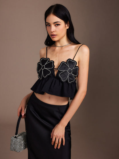 Çiçek Desenli Sırt Açık Ruffle Cami Üst