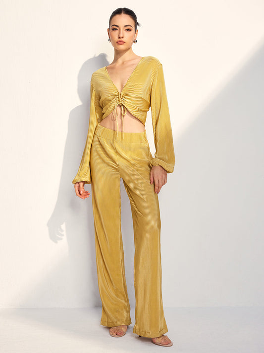 Ç drawstring Puff Sleeve Pantolon Takımı