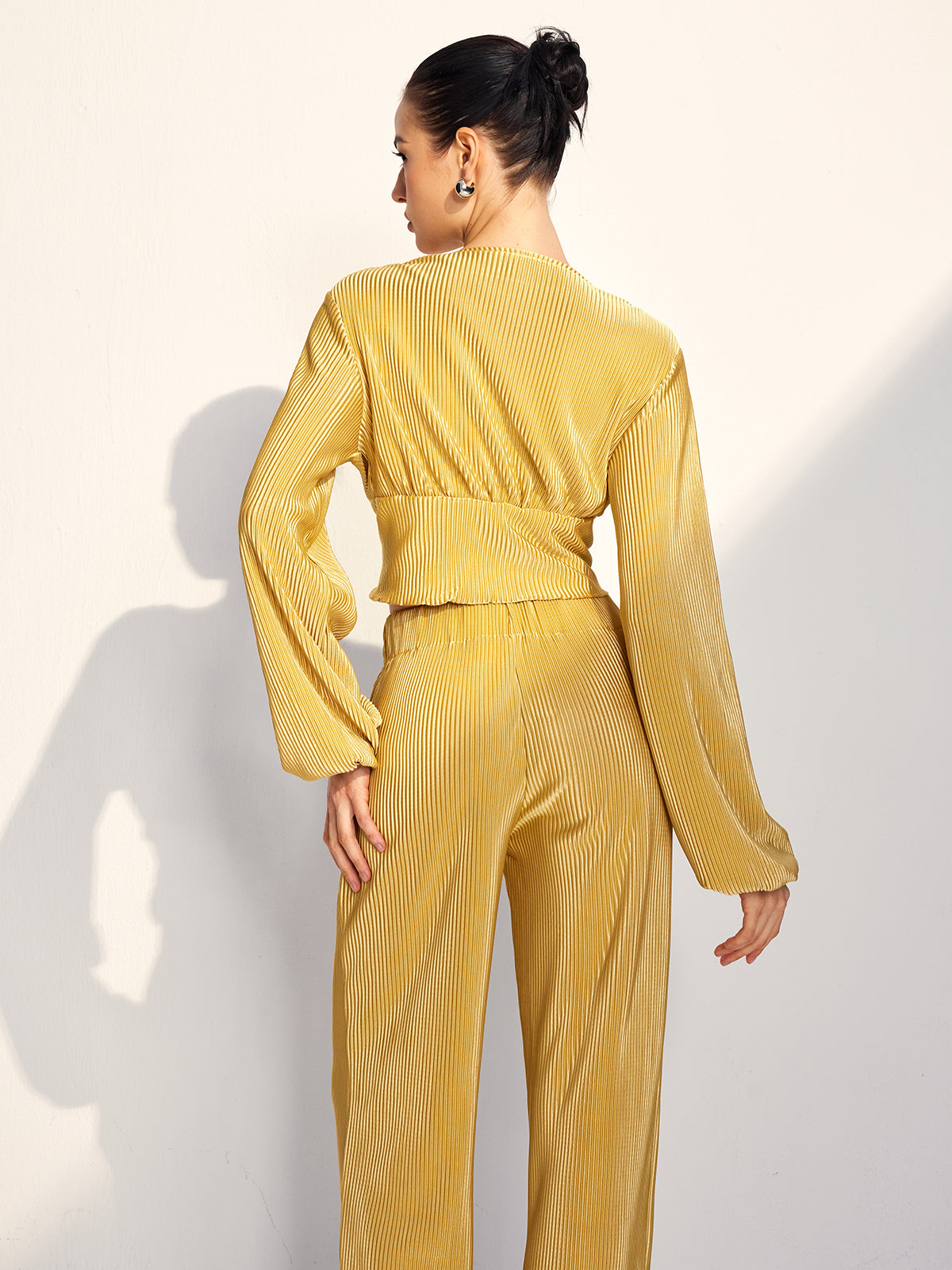 Ç drawstring Puff Sleeve Pantolon Takımı