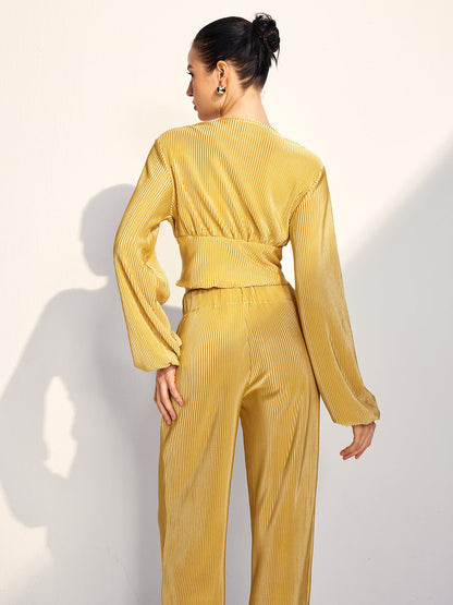 Ç drawstring Puff Sleeve Pantolon Takımı