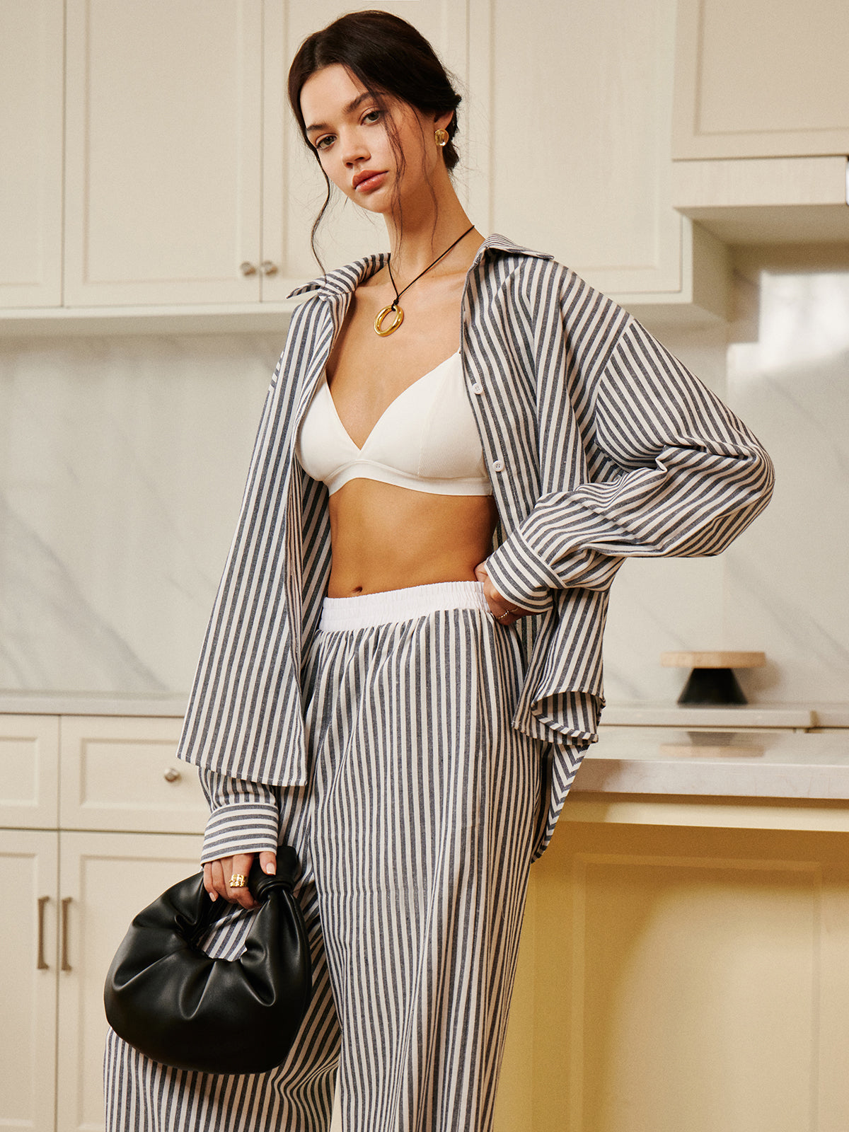 Pamuk & Keten Çizgili Geniş Gömlek