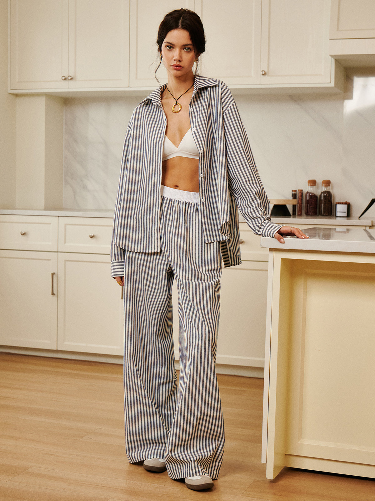 Pamuk & Keten Çizgili Geniş Gömlek