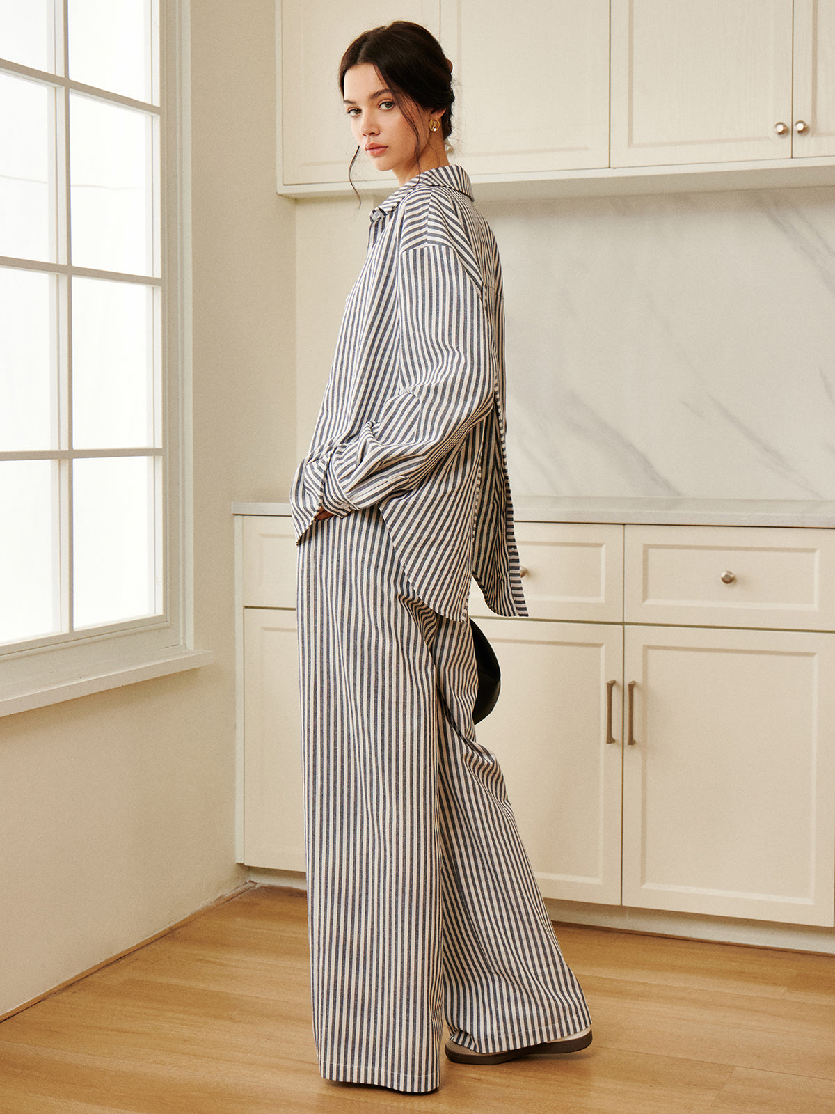 Pamuk & Keten Çizgili Geniş Gömlek