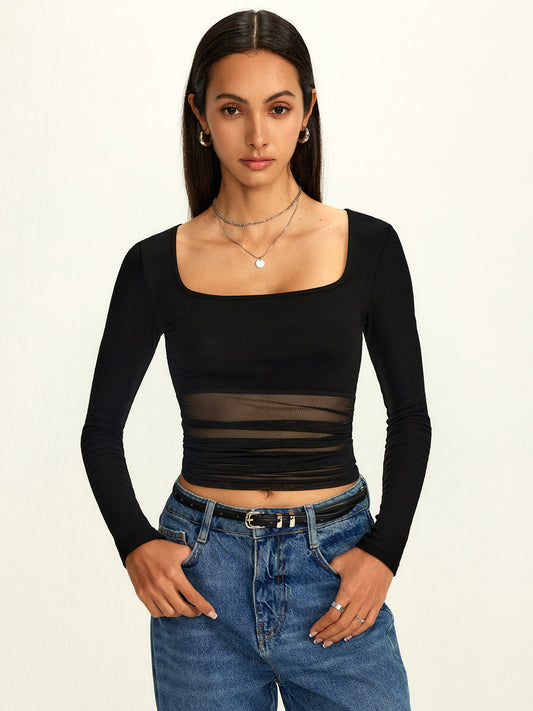 Ağ Mesh Kare Yaka Yarı Şeffaf T-Shirt