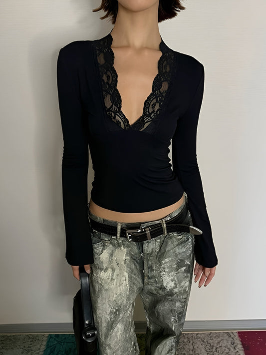 Lace Appliqué V-Neck T-Shirt