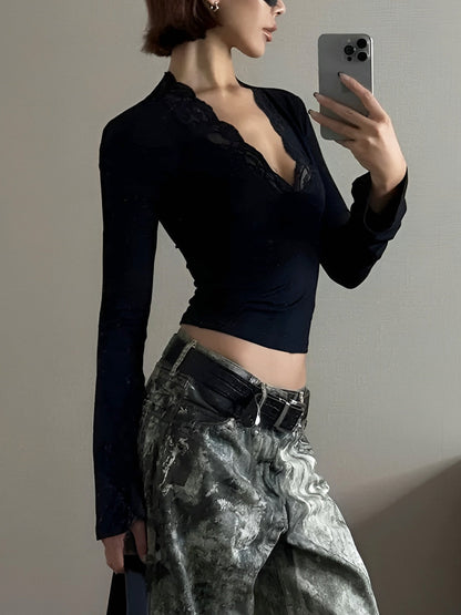 Lace Appliqué V-Neck T-Shirt
