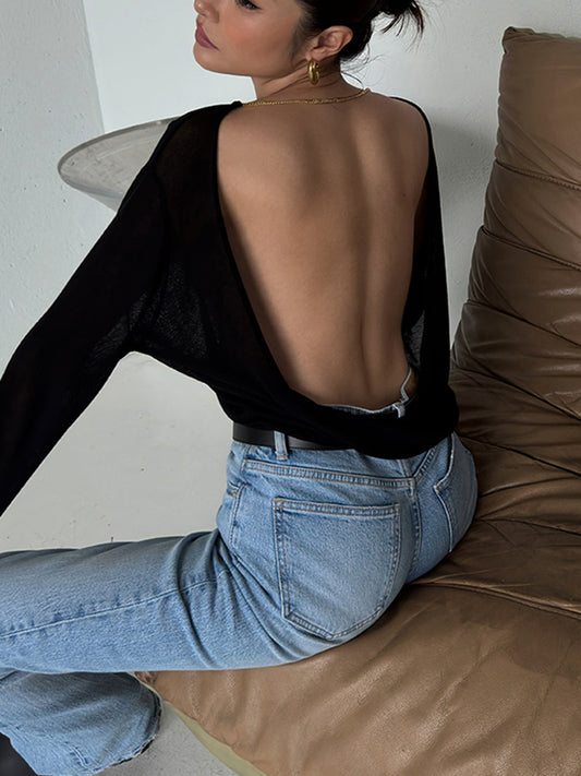 Sırtı Açık Seksi Örgü T-Shirt