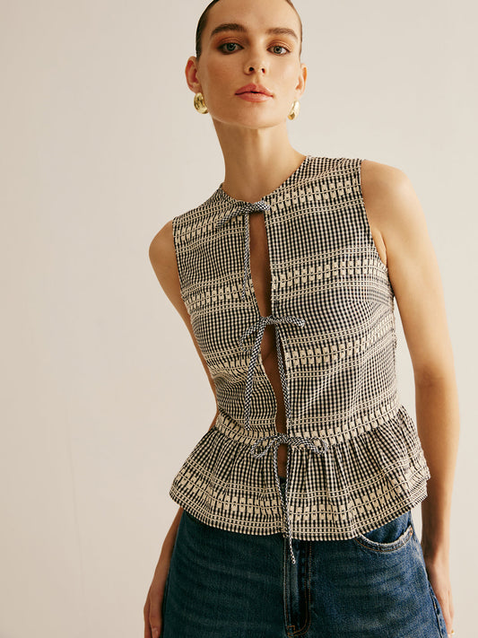 Kareli Kravat Ön Ruffle Tank Top