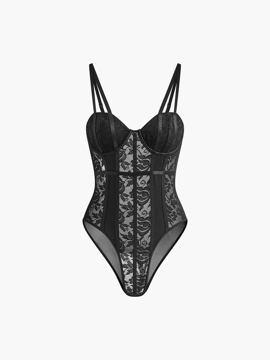 Dantel Şeffaf Kalp Yaka Korsan Bodysuit