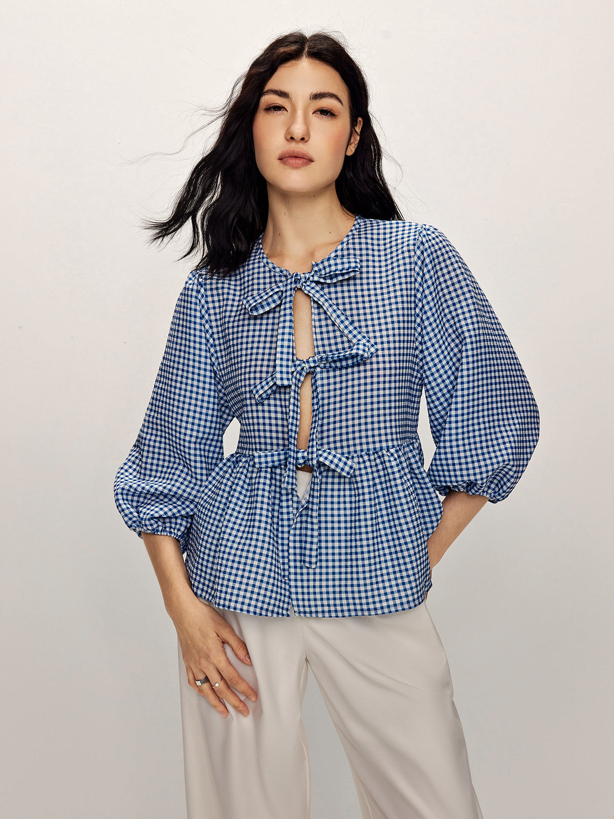 Plaid Kravat Önden Bağlamalı Yarım Kol Bluz
