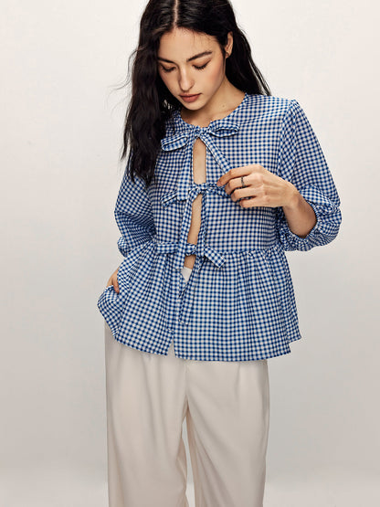 Plaid Kravat Önden Bağlamalı Yarım Kol Bluz
