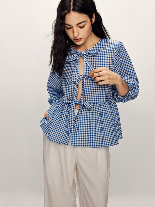 Plaid Kravat Önden Bağlamalı Yarım Kol Bluz