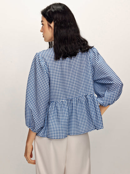Plaid Kravat Önden Bağlamalı Yarım Kol Bluz