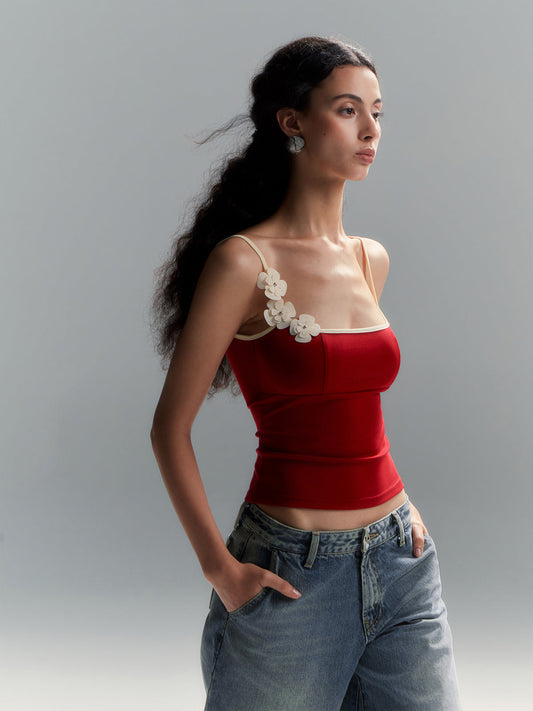 Çiçek Desenli Kontrast Kenar Bodycon Atlet Üst