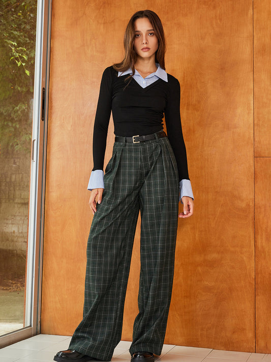 Vintage Ekose Kuşaklı Geniş Paça Pantolonlar