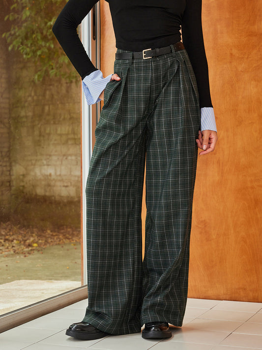 Vintage Ekose Kuşaklı Geniş Paça Pantolonlar