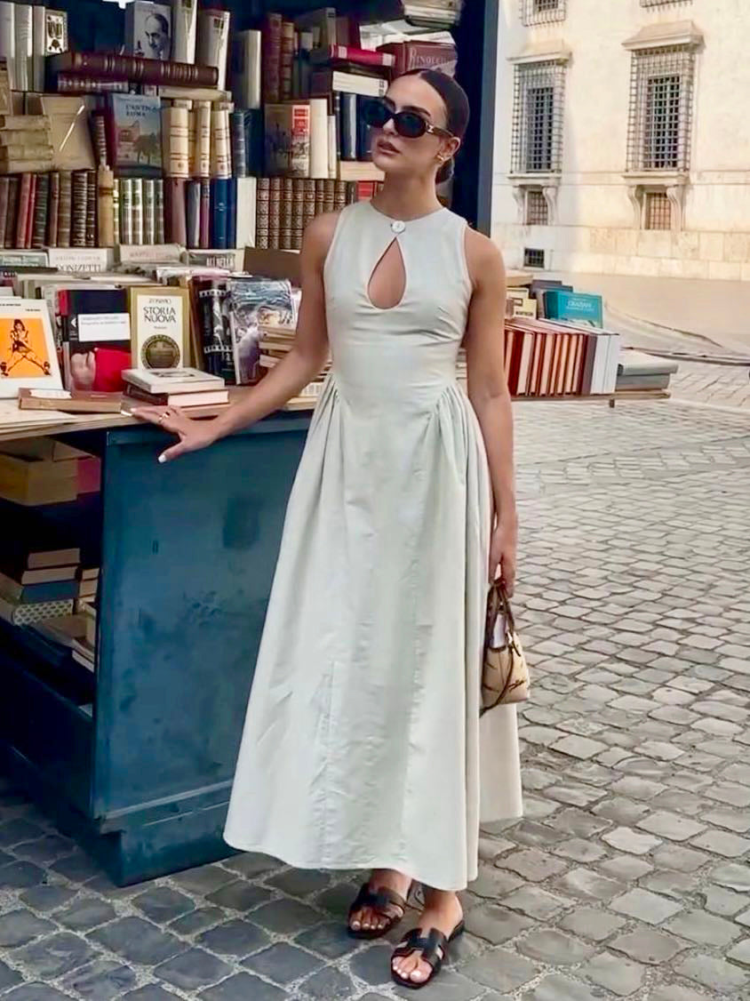 Pamuk ve Keten Plise Kesimli Açık Elbise