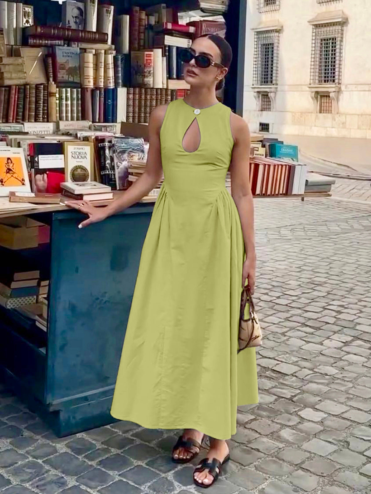 Pamuk ve Keten Plise Kesimli Açık Elbise