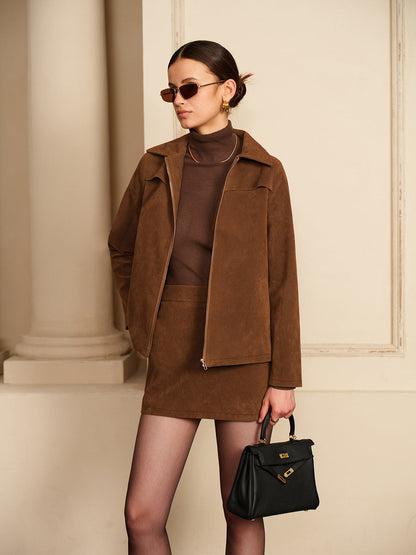 Süet Arka Fermuarlı Mini Etek