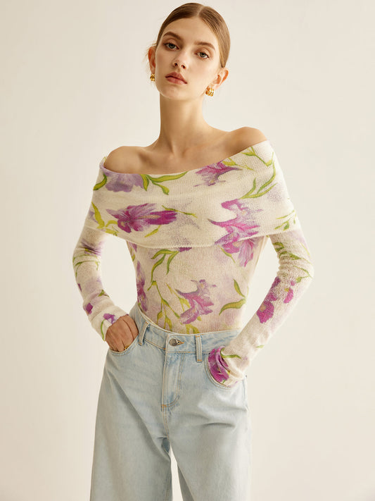 Romantik Off-Shoulder Baskılı Triko Üst