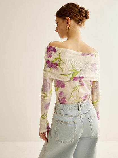 Romantik Off-Shoulder Baskılı Triko Üst