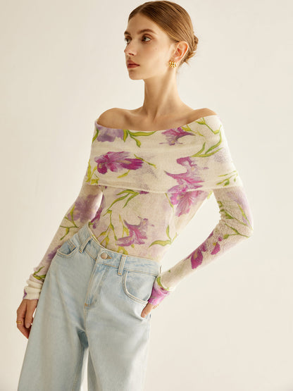 Romantik Off-Shoulder Baskılı Triko Üst