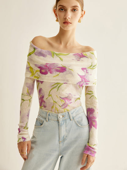 Romantik Off-Shoulder Baskılı Triko Üst