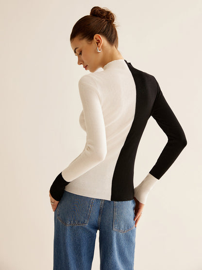 Yün Karışımlı İki Renkli Skinny Örgü Üst