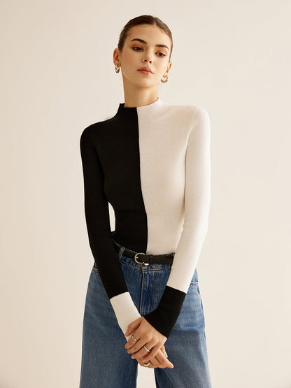 Yün Karışımlı İki Renkli Skinny Örgü Üst
