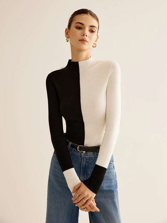 Yün Karışımlı İki Renkli Skinny Örgü Üst