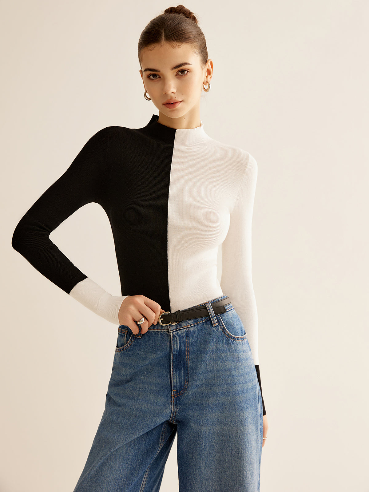 Yün Karışımlı İki Renkli Skinny Örgü Üst
