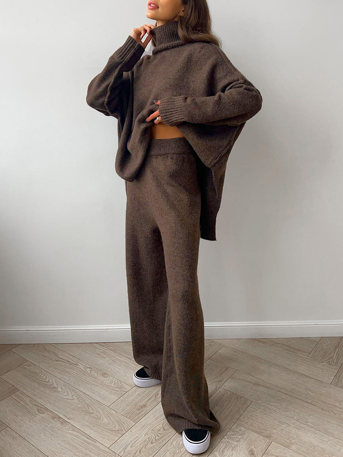 Düz Yüksek Yakalı Örgü Pantolon Takımı