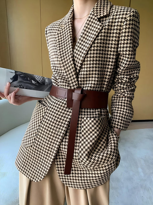 Houndstooth Kemerli Ayrık Ceket