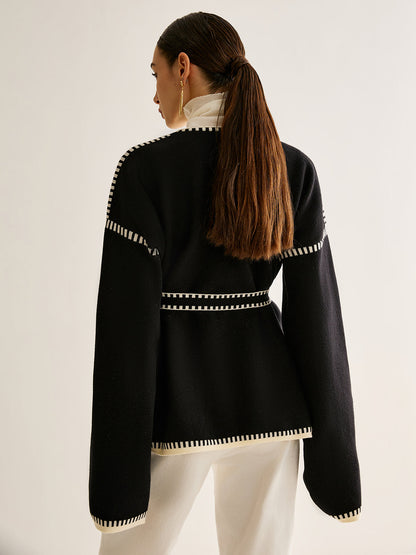 Belt ile Kontrast Bağlama Split Cardigan