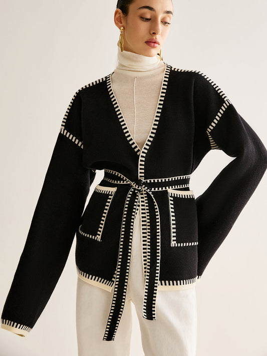 Belt ile Kontrast Bağlama Split Cardigan