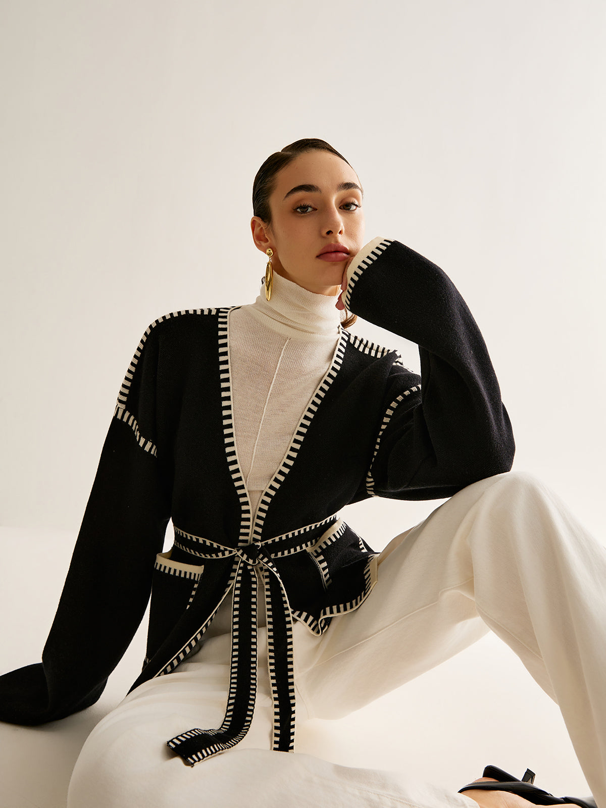 Belt ile Kontrast Bağlama Split Cardigan