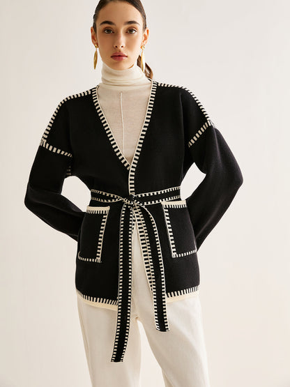 Belt ile Kontrast Bağlama Split Cardigan