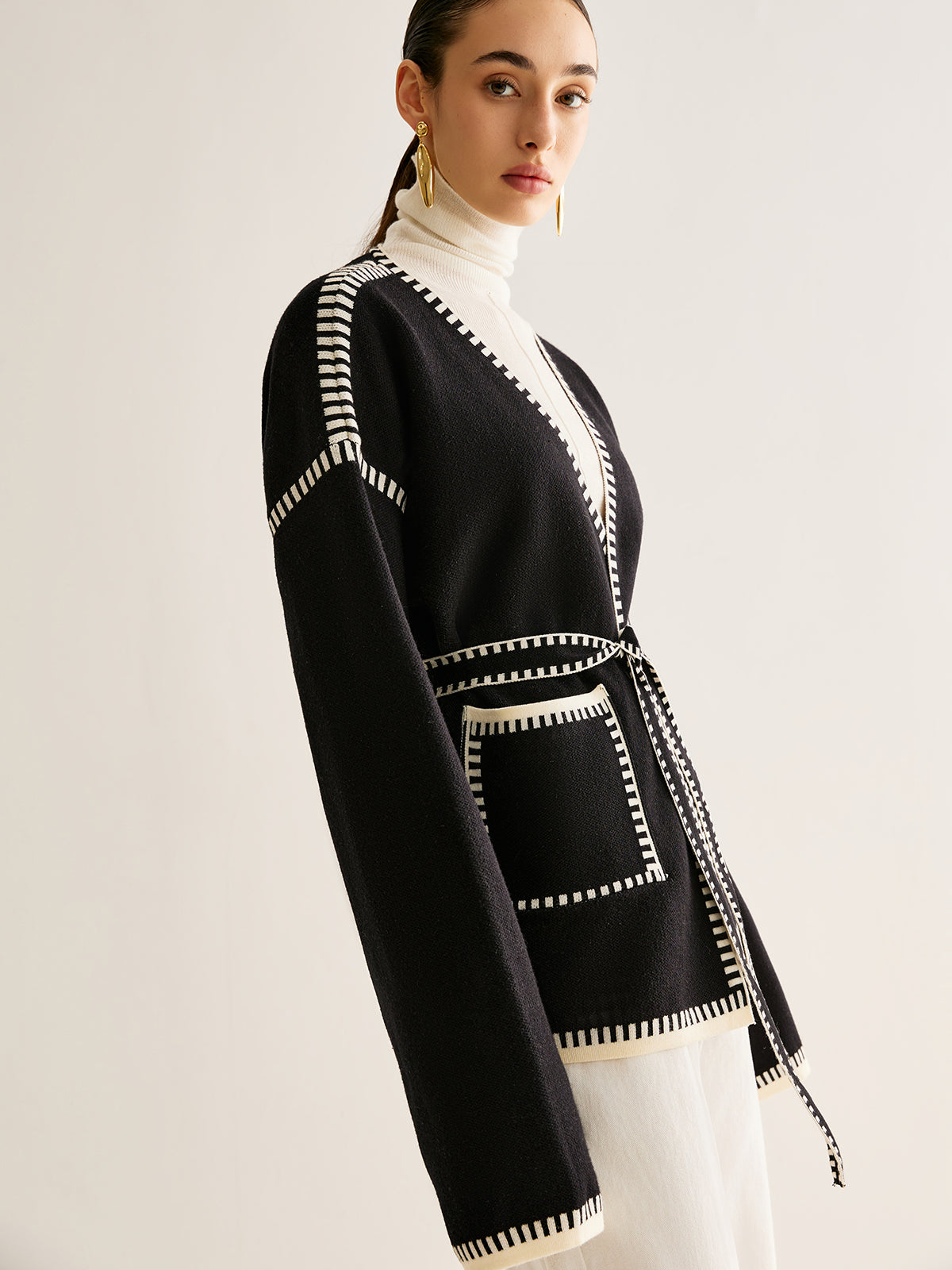 Belt ile Kontrast Bağlama Split Cardigan