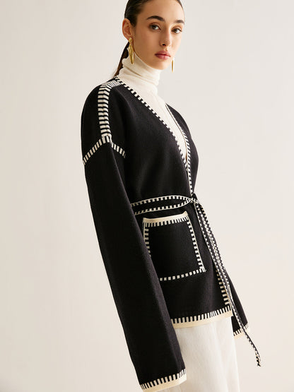 Belt ile Kontrast Bağlama Split Cardigan