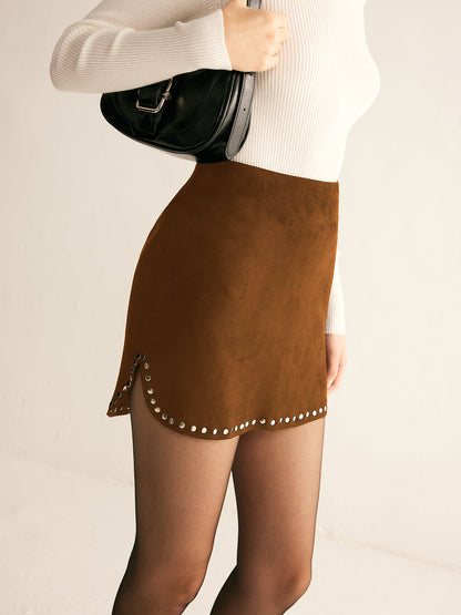 Studded Trim Süet Mini Etek