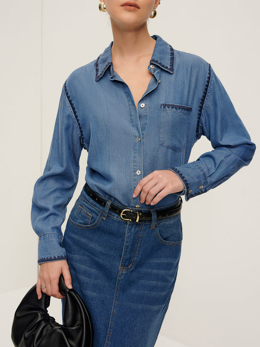 Nakışlı Düz Kola Denim Gömlek