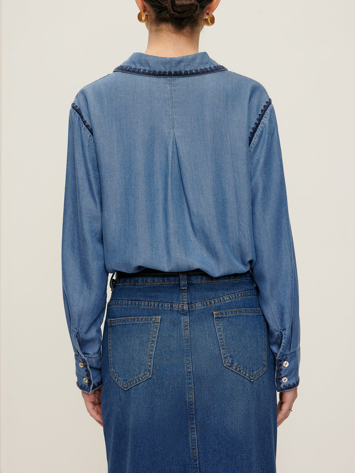 Nakışlı Düz Kola Denim Gömlek