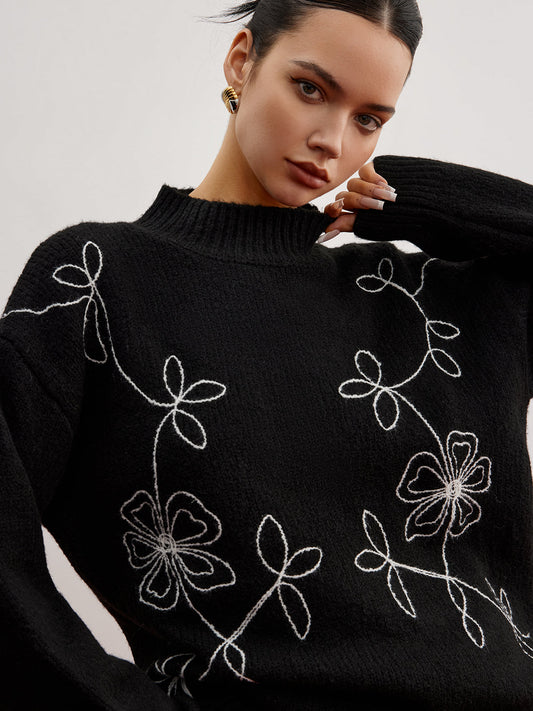 Mock Neck Çiçek Desenli Shift Kazak