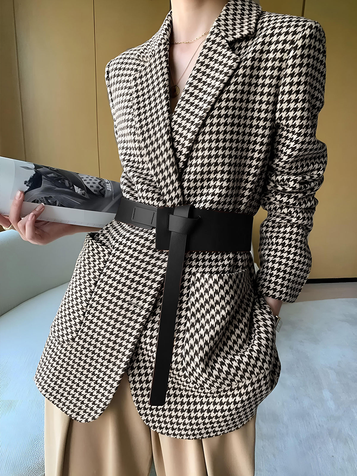 Houndstooth Kemerli Ayrık Ceket
