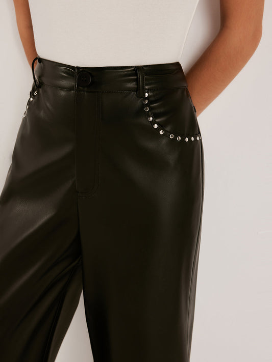 Studded-Decor PU Deri Düz Pantolon