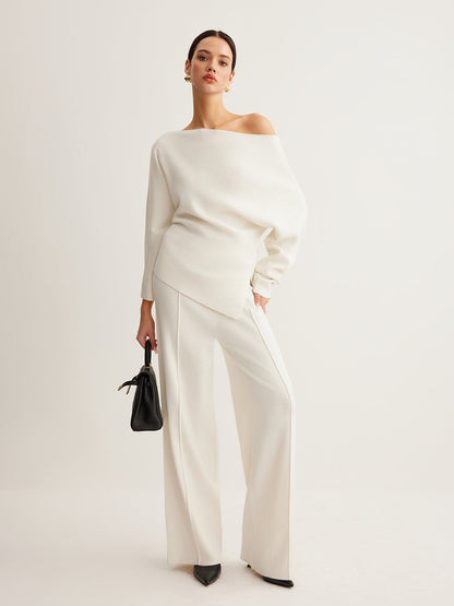 Wool Blend Asymmetric Collar Knit Blouse