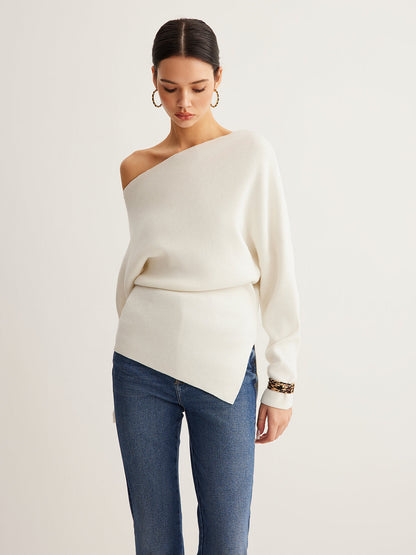 Wool Blend Asymmetric Collar Knit Blouse
