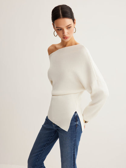 Wool Blend Asymmetric Collar Knit Blouse
