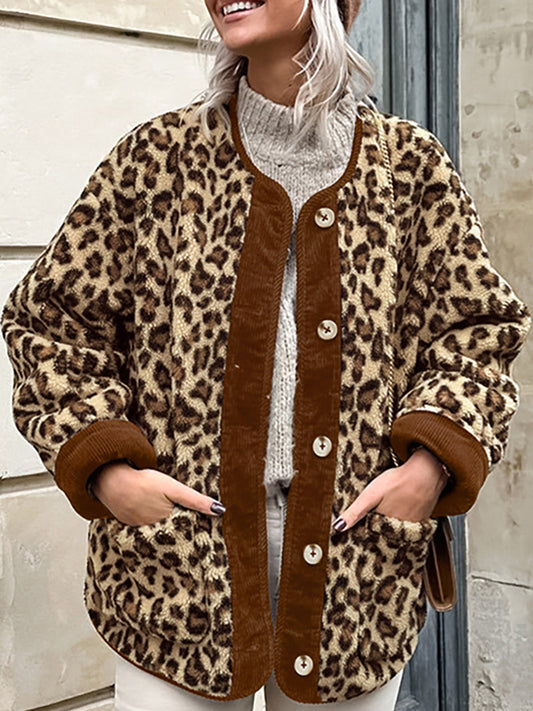 Kontrast Trim Minky Leopar Ceket